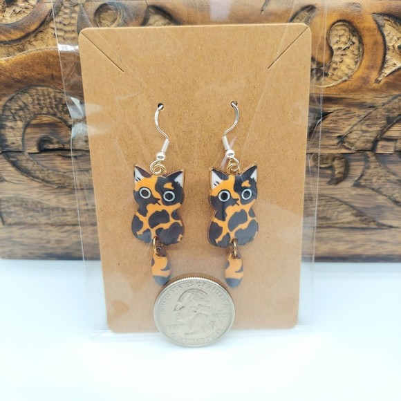Cute Calico Cat Earrings Kitty Novelty - Picture 2 of 2